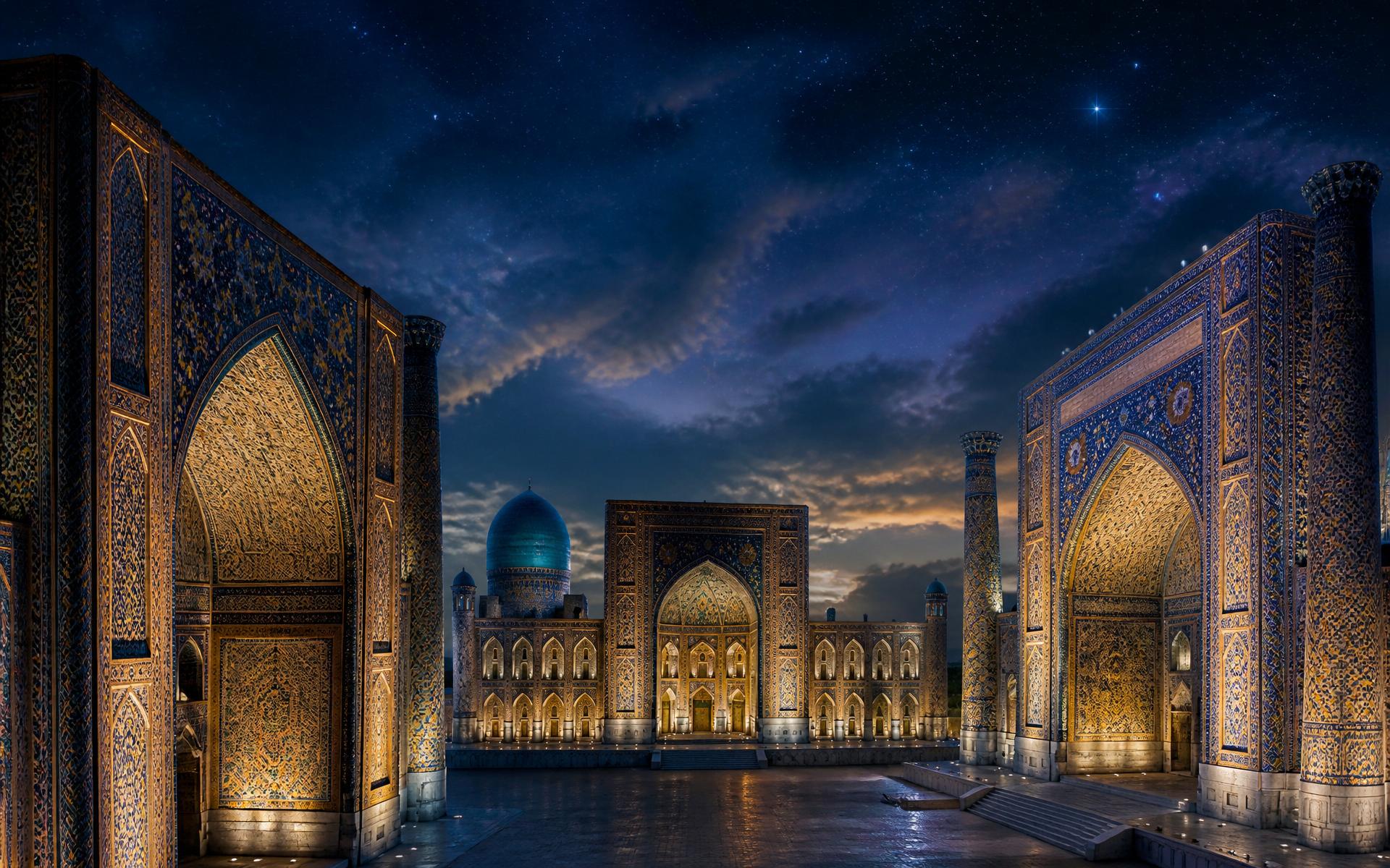 The Registan of Samarkand at night, tilework of lapis and gold