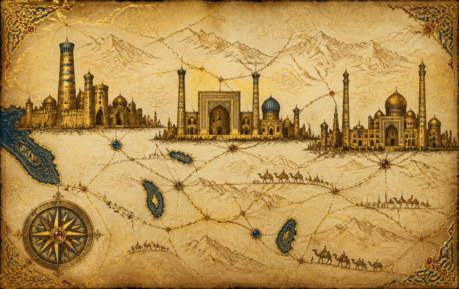 Illustrated map of Silk Road Sufi cities